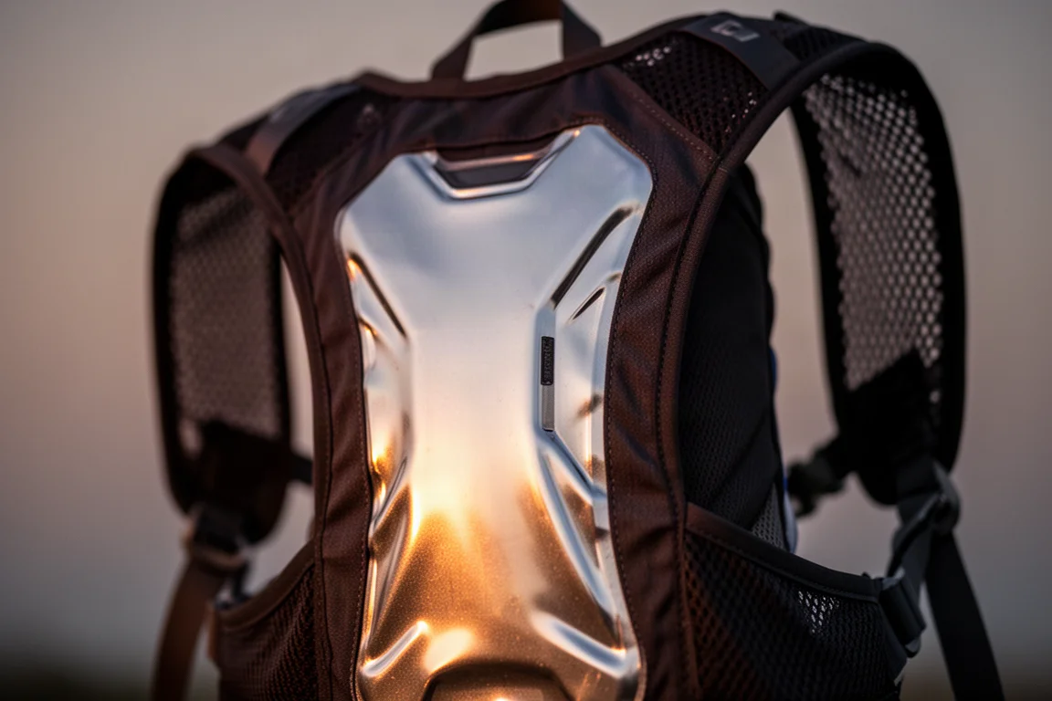 Reflektierendes Rückenpanel eines Laufpacks fängt Licht in der Abenddämmerung
