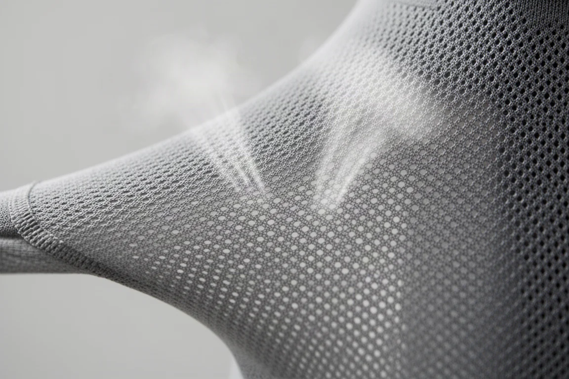Tissu gris léger de première en maille tenu contre une lumière douce montrant sa transparence
