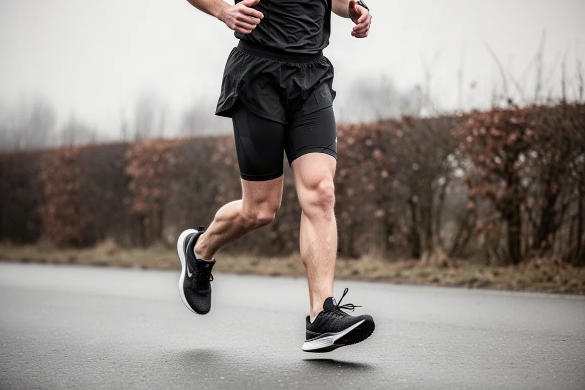 Jambes d'un coureur en short de compression noir ajusté sur un chemin asphalté en lumière douce