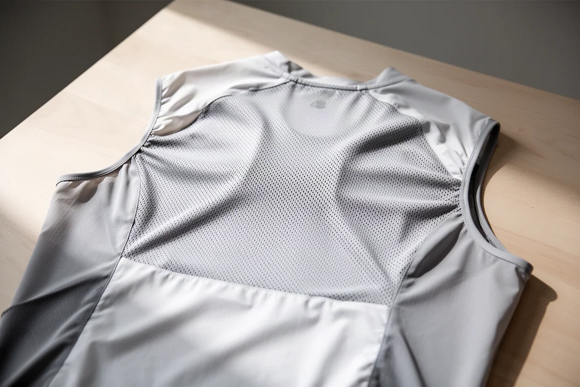 Gilet de running avec panneau dorsal en maille posé à plat montrant le dos respirant