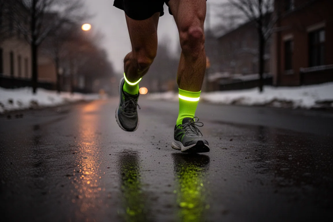 Silhouette d'un coureur en chaussettes réfléchissantes haute visibilité dans une rue hivernale sombre