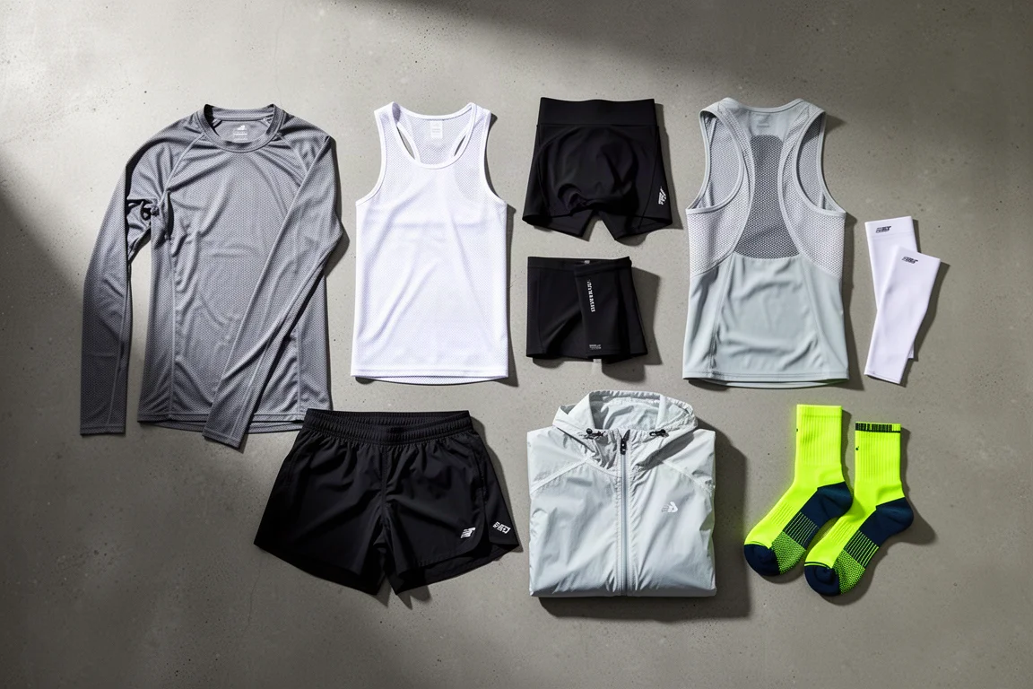 Flat-Lay von sieben Laufbekleidungsteilen, darunter Base-Layer, Shorts, Weste, Ärmlinge, Jacke und Socken