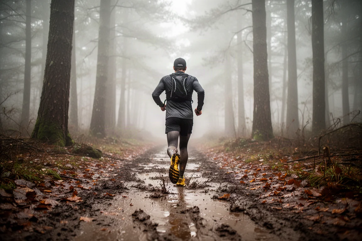 Trail runner che avanza su un sentiero boschivo bagnato e fangoso con luce soffusa