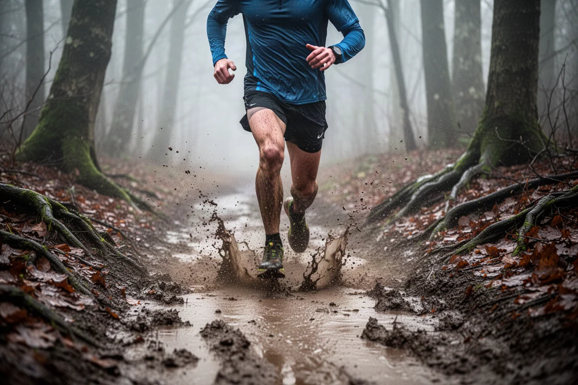 Runner che attraversa schizzando fango profondo su un sentiero nel bosco con tempo avverso