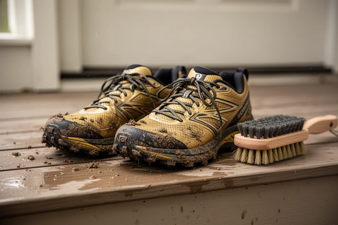Scarpe da trail running che si asciugano dopo una corsa bagnata e fangosa