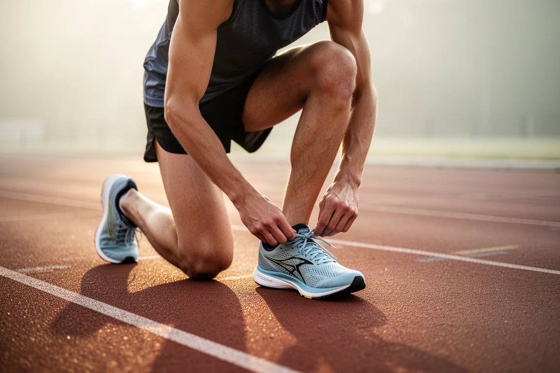 Corredor atándose unas zapatillas de competición ligeras en una pista con la luz del amanecer