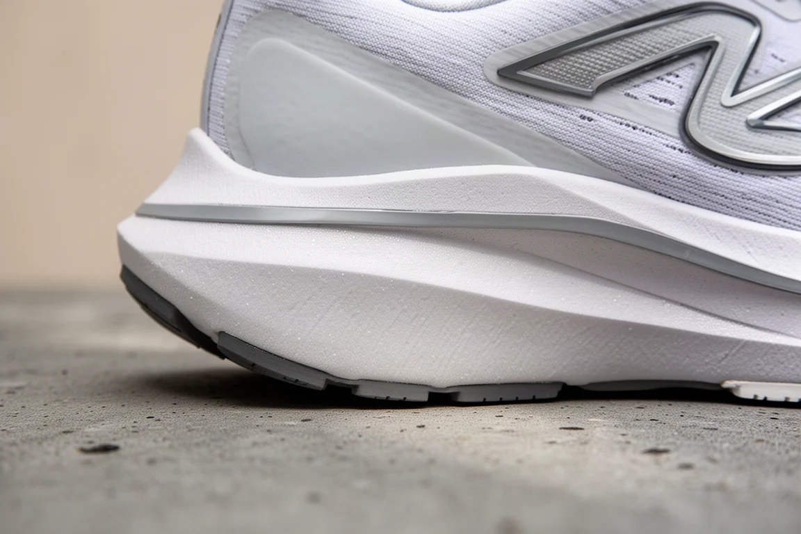 Primer plano de la mediasuela de una zapatilla con placa mostrando su geometría y el lateral de la espuma