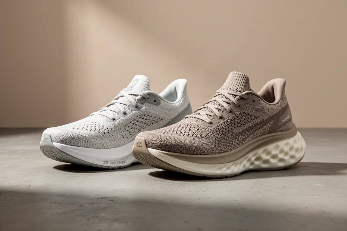 SC Rebel and ASICS Mega Blast running shoes side by side on a concrete surface