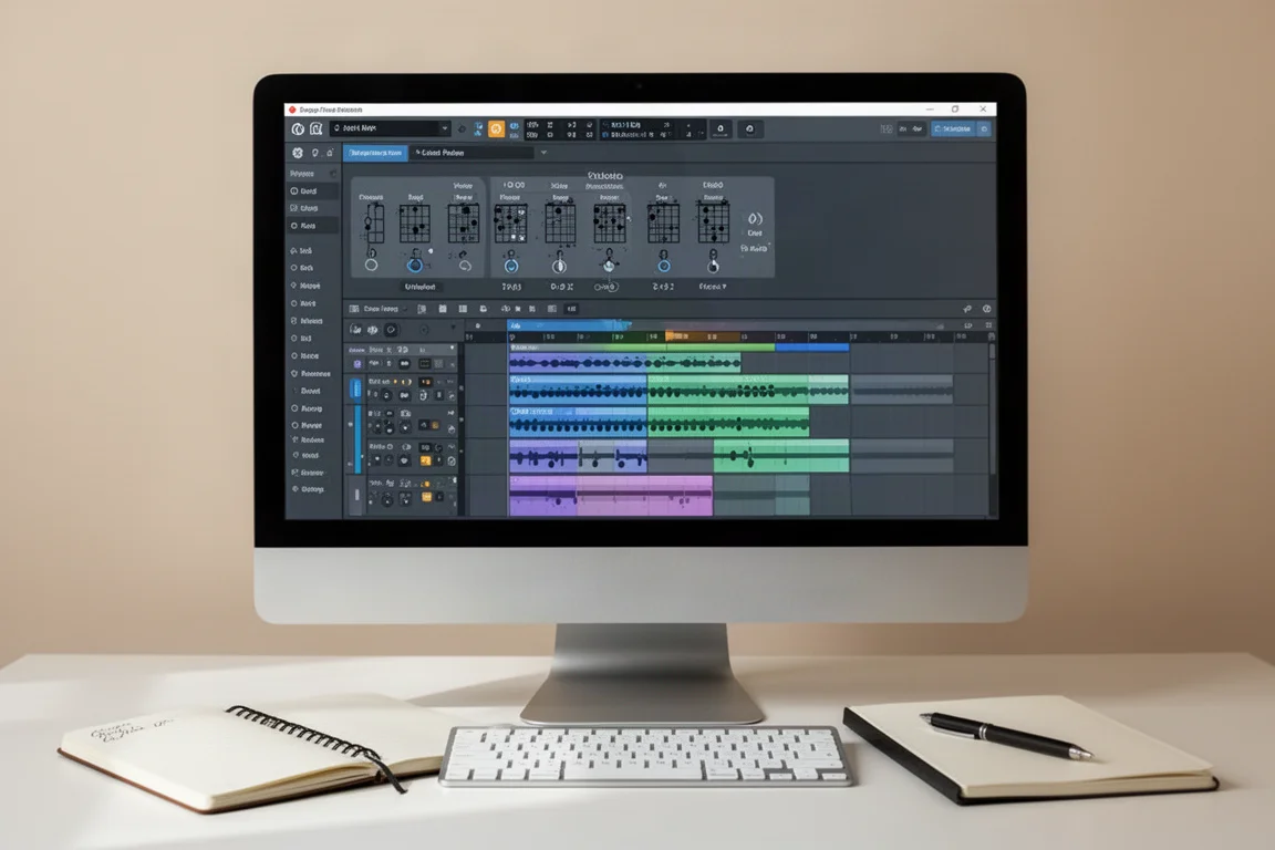 現代音樂製作工作室桌面,配備DAW顯示器、MIDI鍵盤和錄音室監聽喇叭