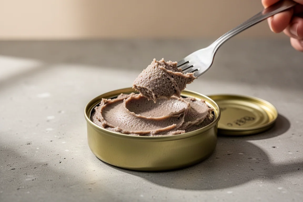 A fork lifting smooth anchovy paste from a small open tin