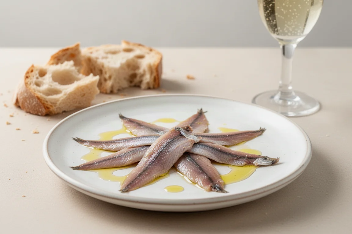 White boquerones-style anchovies served on a plate with bread and olive oil