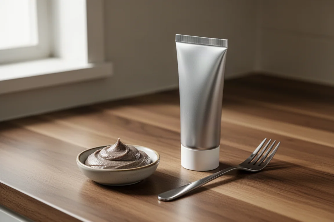 Tube of anchovy paste with a small dish of paste on a wooden counter