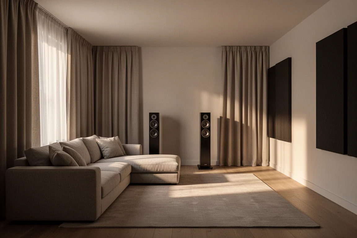 Sala de audição compacta com sofá em U, painéis acústicos e colunas slim em luz do entardecer
