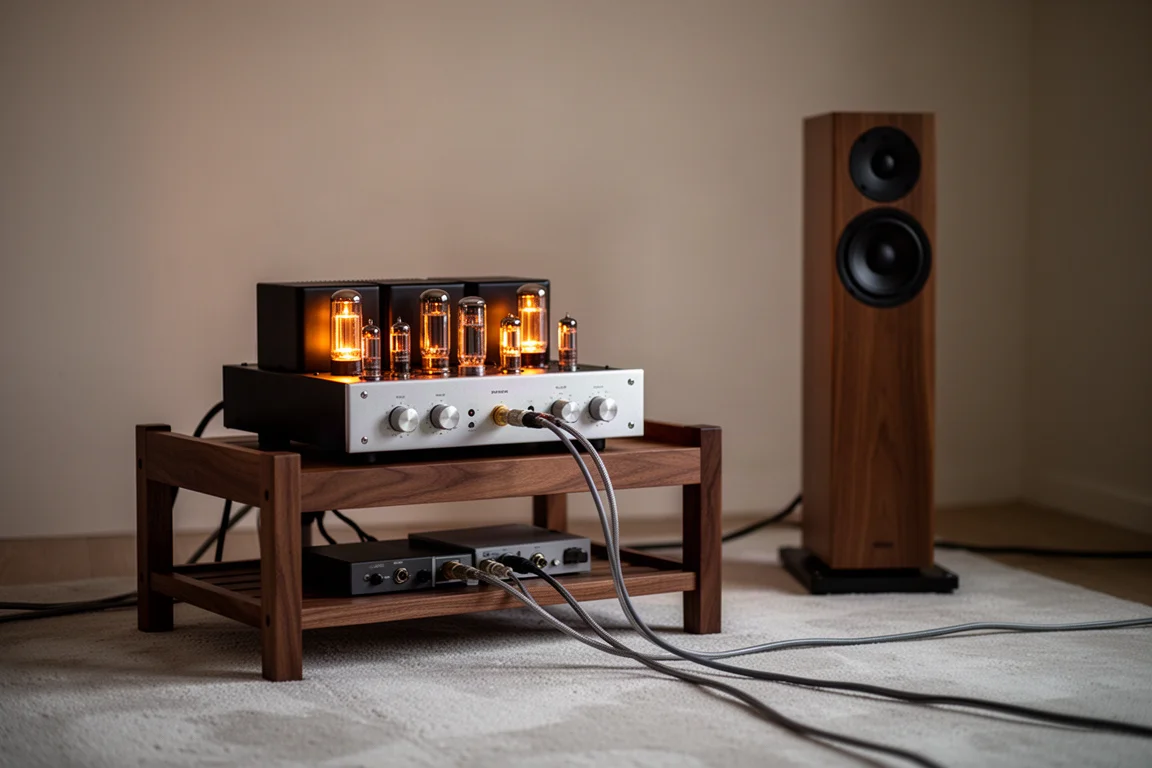 Amplificador a válvulas com tubos incandescentes sobre rack de madeira baixo ao lado de uma coluna slim