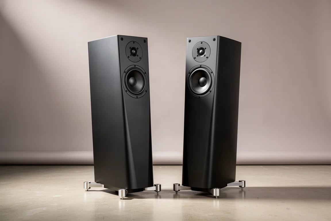 Pair of slim matte black floorstanding speakers on a pale concrete floor against a neutral backdrop