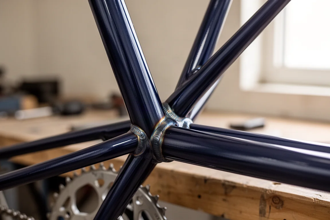 自行車車架工作坊,工作檯上擺著鋼管與手工具