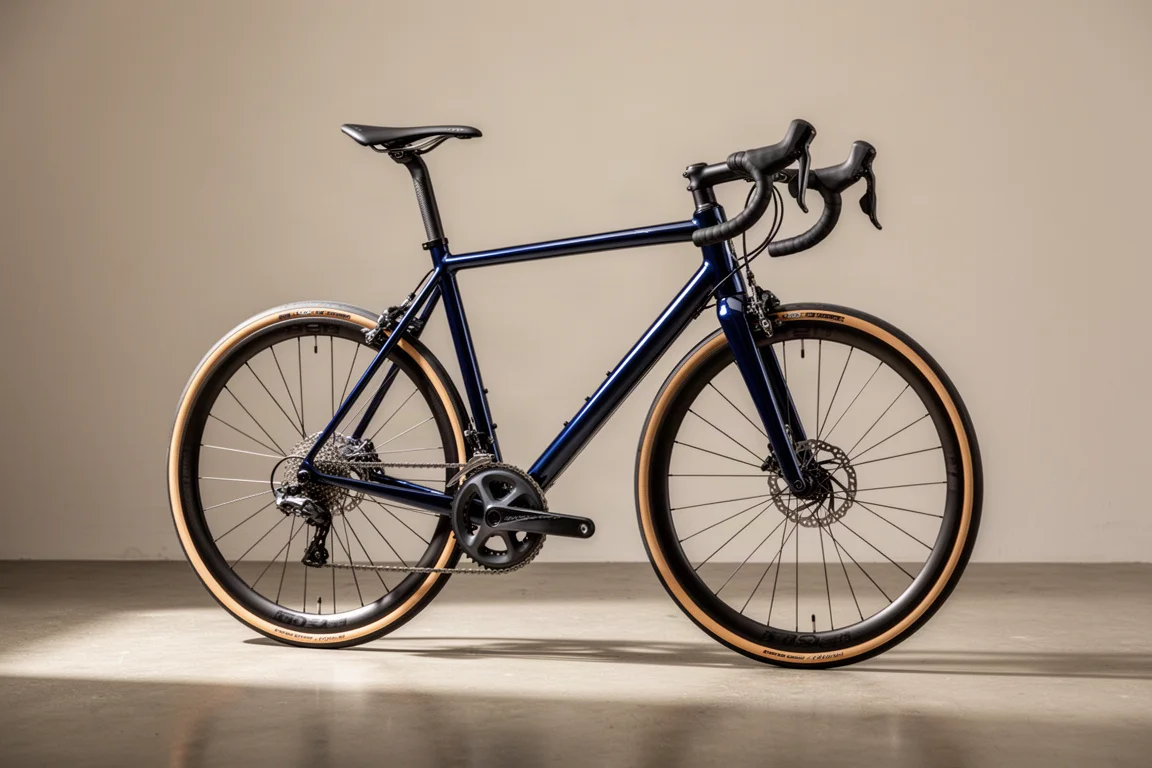 Bici da strada ad alte prestazioni in acciaio con tubi sottili e passaggio cavi interno su sfondo neutro