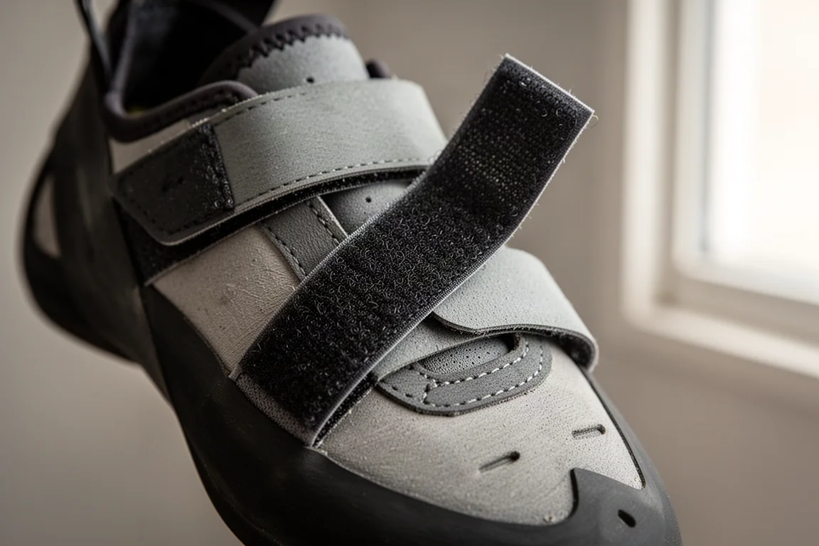 Close-up van twee Velcro-straps die elkaar kruisen over de wreef van een omlaag gebogen klimschoen