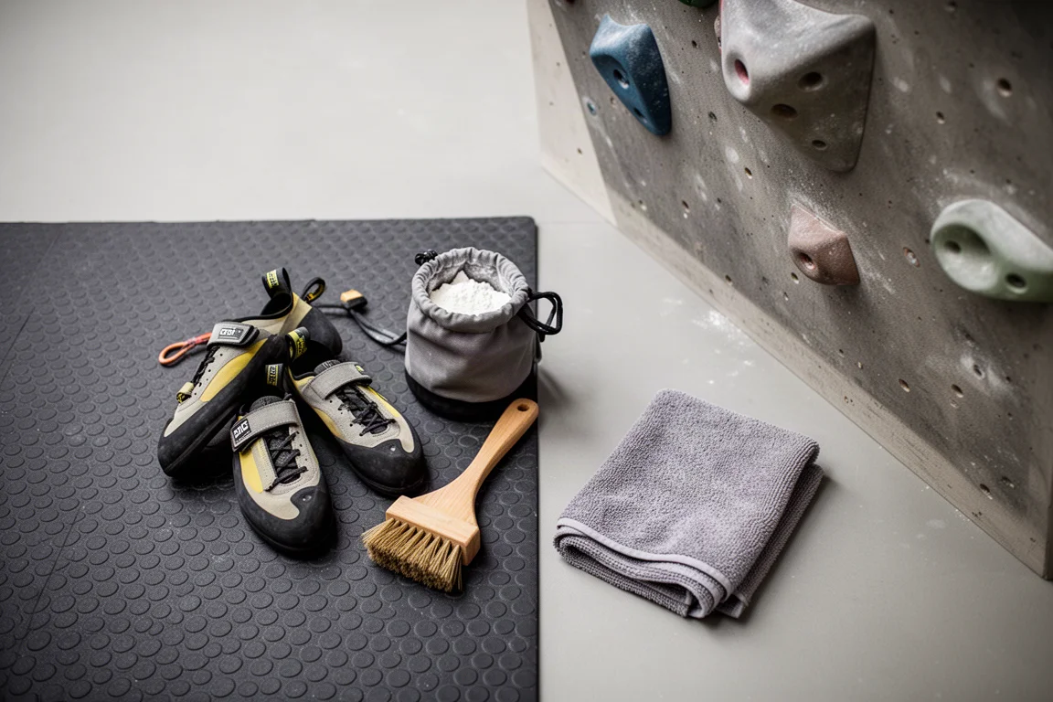 Bovenaanzicht van klimschoenen, chalkbag en borstel op een gymmat