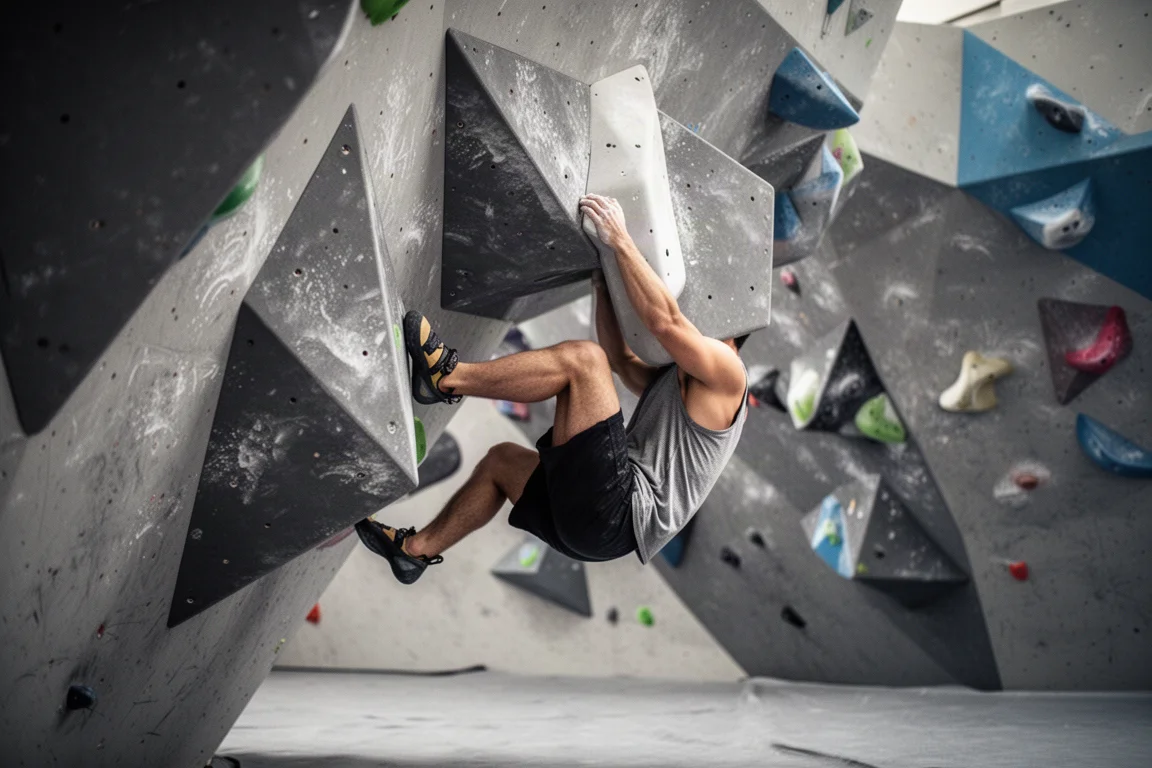 Klimmer maakt een heel hook op een overhangende indoor boulderwand