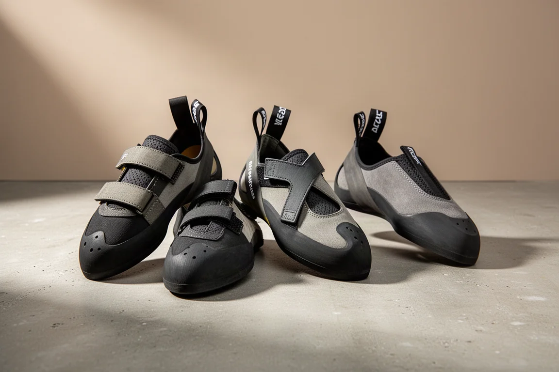 Three technical climbing shoes with Velcro closures arranged on a concrete surface