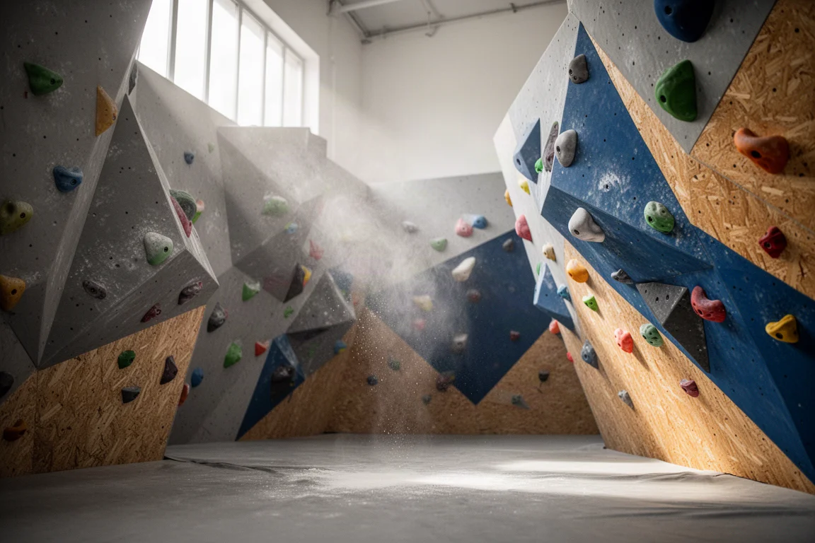 Parete indoor di bouldering con grandi volumi e polvere di magnesio alla luce del giorno