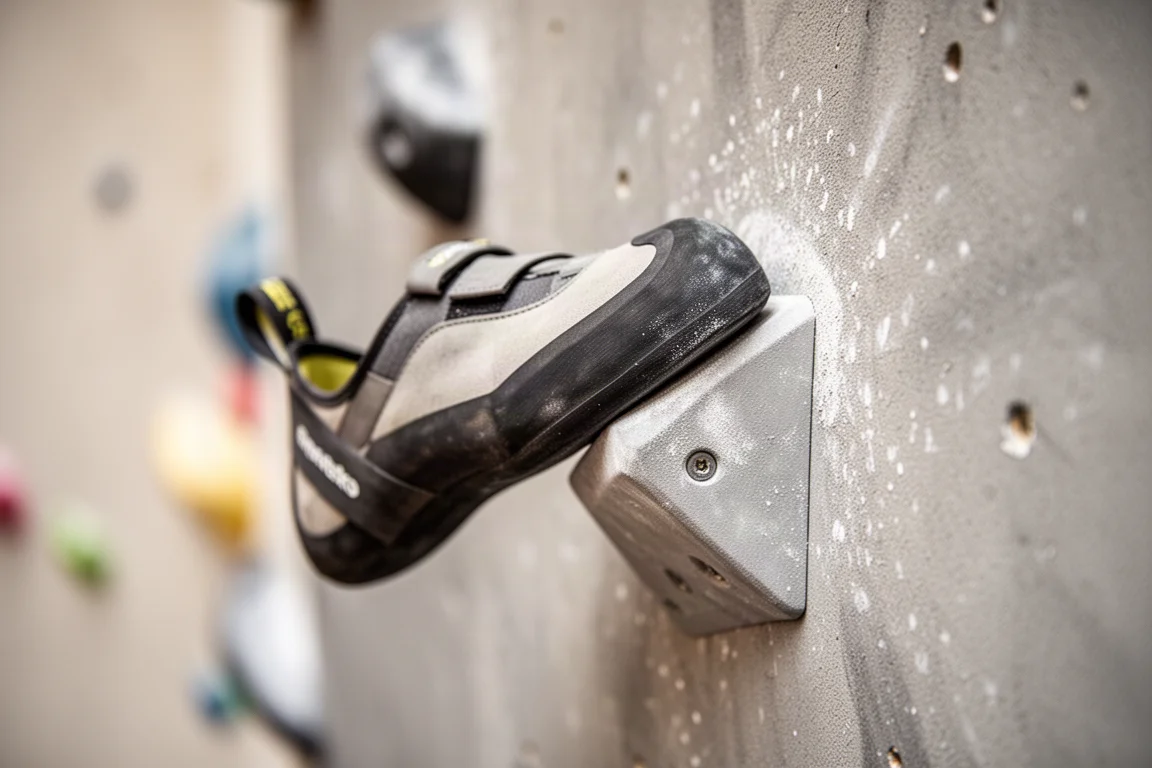 Primo piano della punta di una scarpa da arrampicata che fa appoggio su un piccolo appoggio indoor