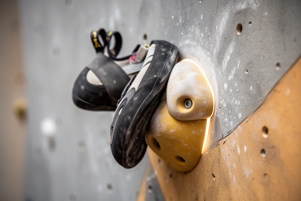 Tallone in gomma di una scarpa da arrampicata che aggancia una piccola presa su una parete di bouldering