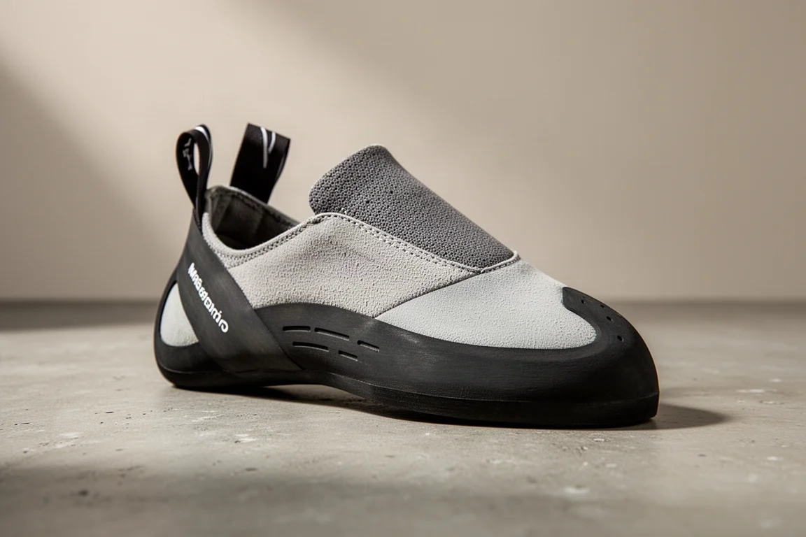 Flat-profile climbing shoe with single-piece rubber rand on a concrete surface