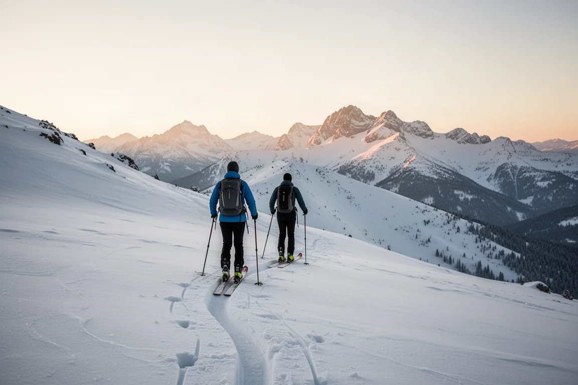 Tourengeher beim Steigen über einen verschneiten Grat im sanften Morgenlicht