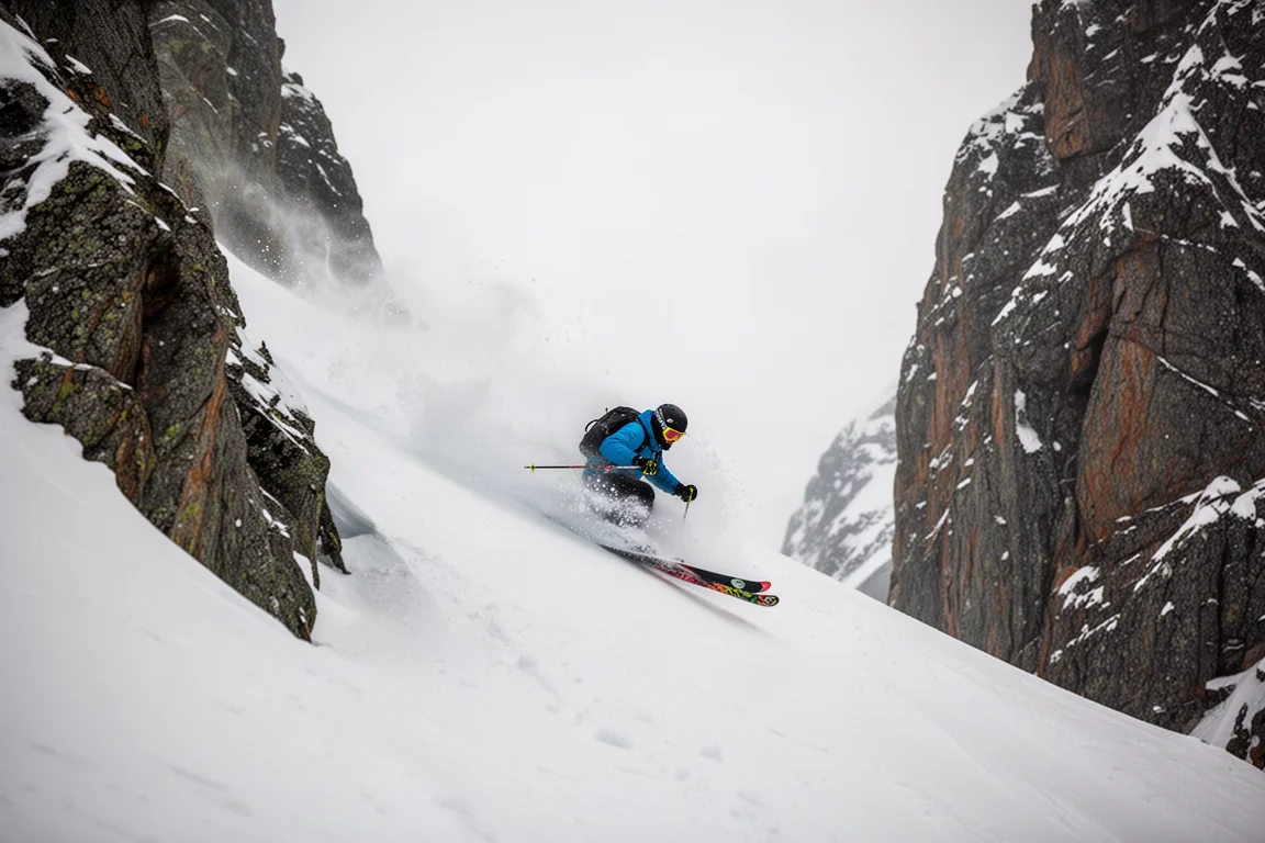 Skifahrer zieht eine steile Linie durch wieder aufgefrorenen Schnee an einem großen Bergabhang