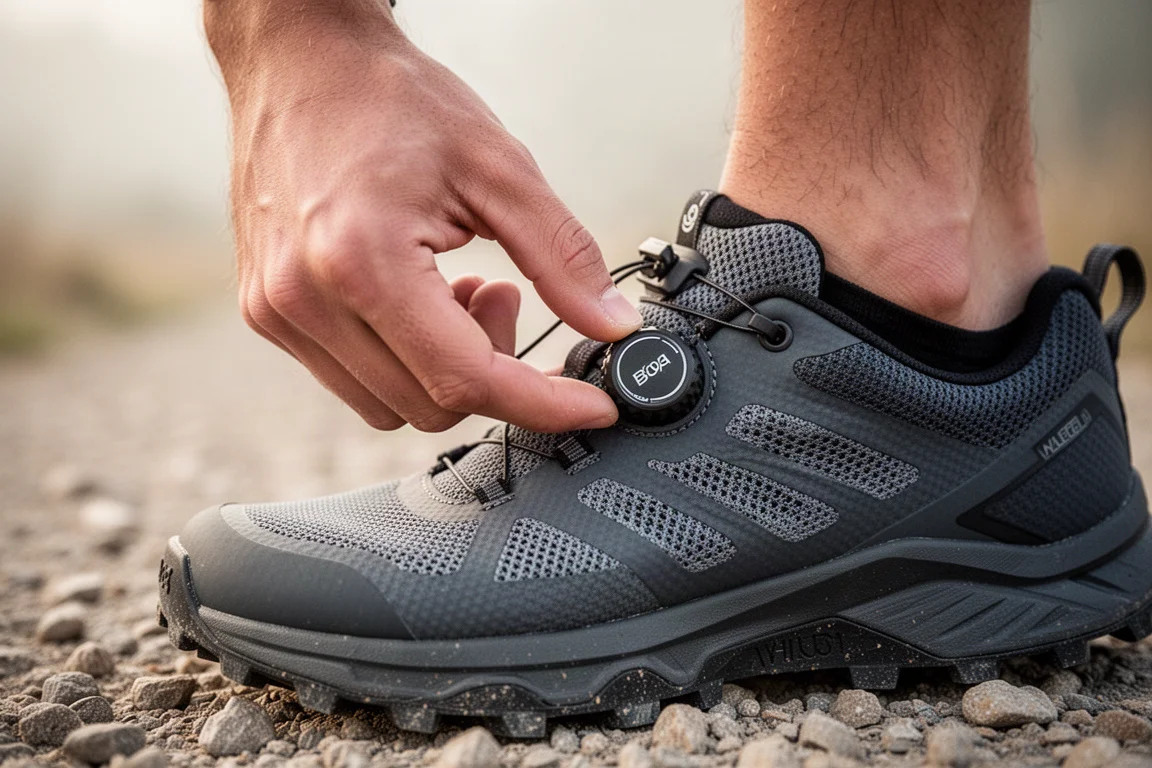 Trail runner che regola la ghiera Boa di una scarpa da trail running su un sentiero ghiaioso