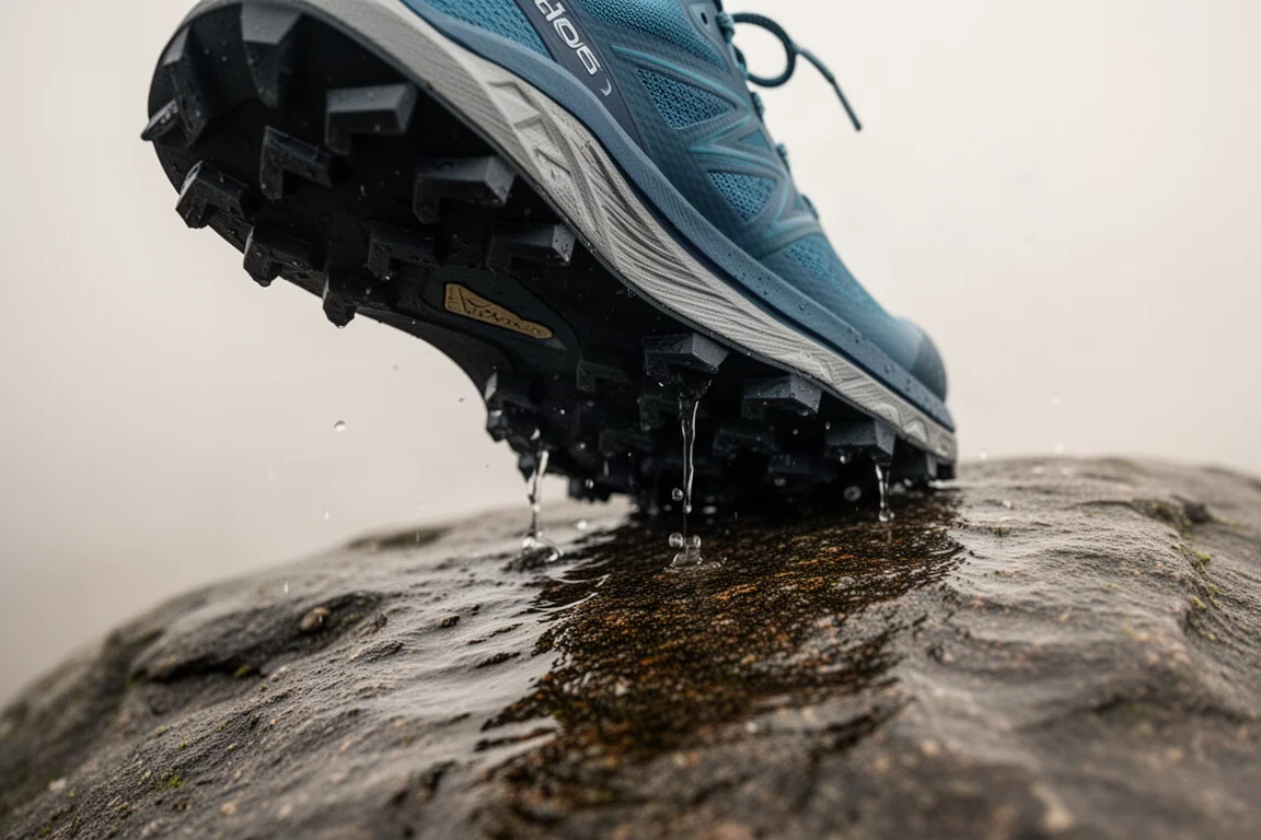 Primo piano della suola in gomma pressor di una scarpa da trail che aderisce alla roccia bagnata