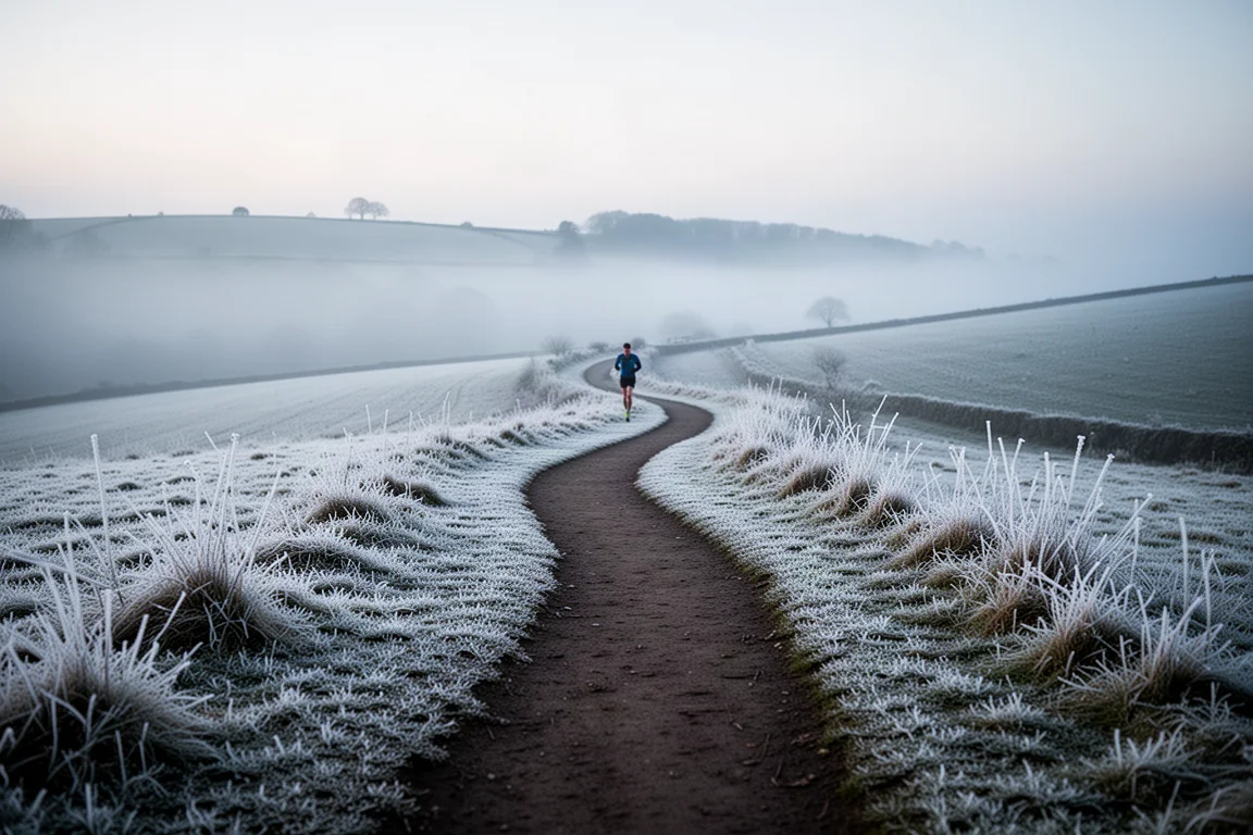 Frosty misty trail on the South Downs with low visibility and frost on the grass