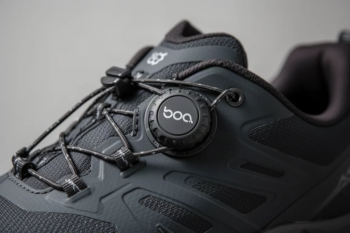 Close-up of a Boa dial closure on the side of a trail running shoe