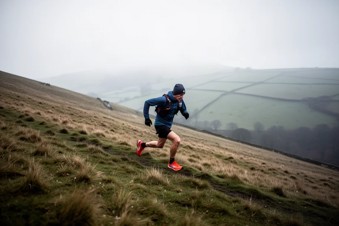Runner descending a grassy South Downs hillside at pace in soft light