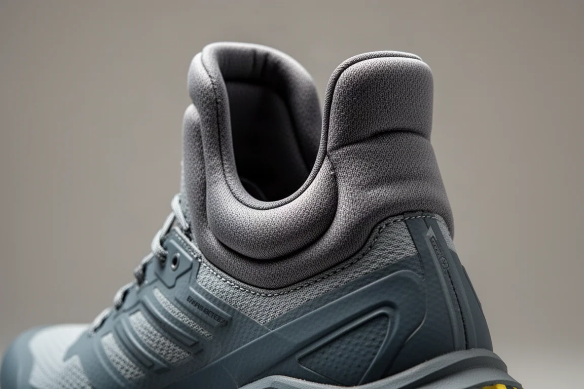 High ankle collar of a trail running shoe shown from the rear three-quarter angle