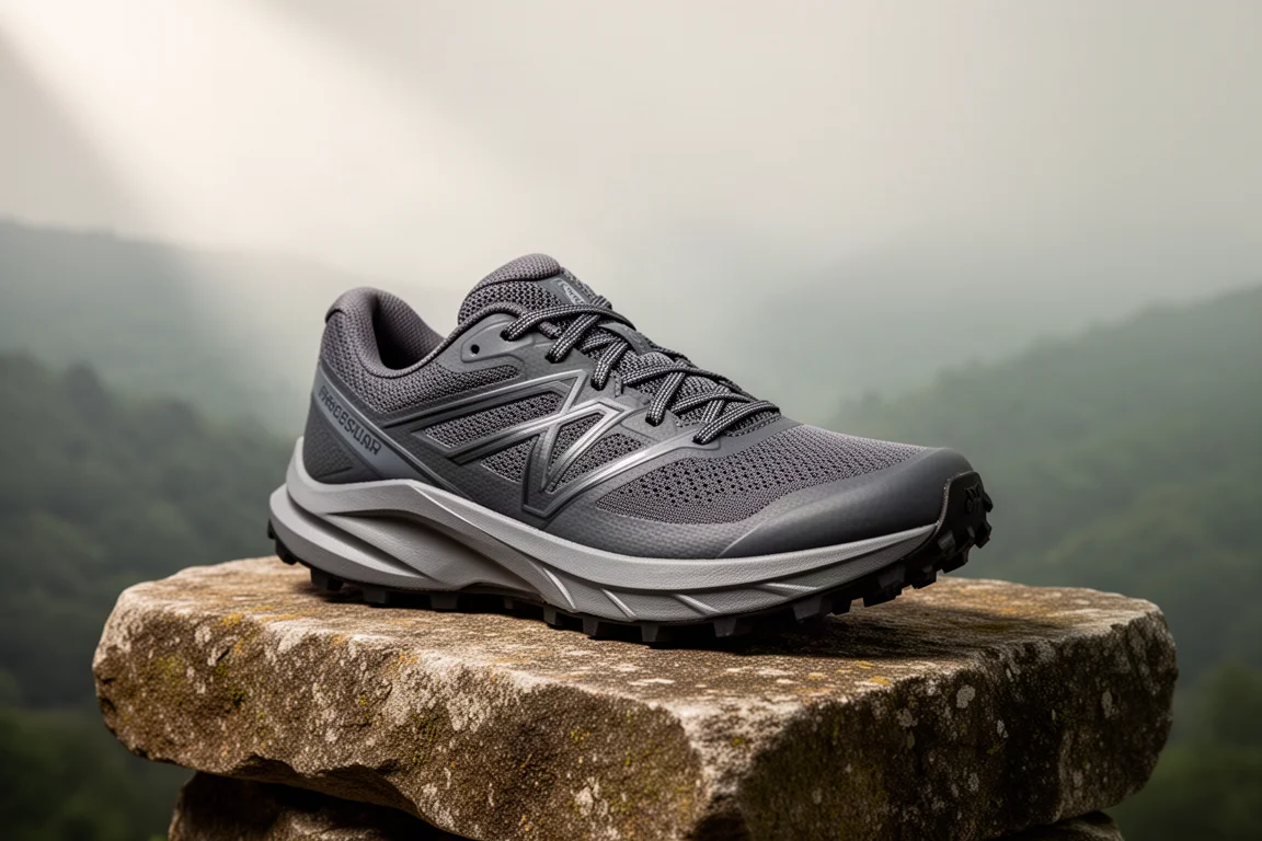 Trail running shoe with dark mesh upper resting on a stone slab with misty hills behind