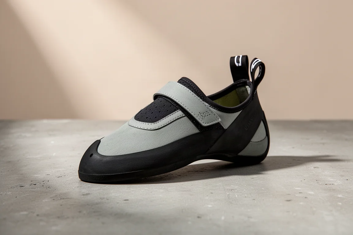 Flat-profile climbing slipper with a slim instep strap on a concrete surface