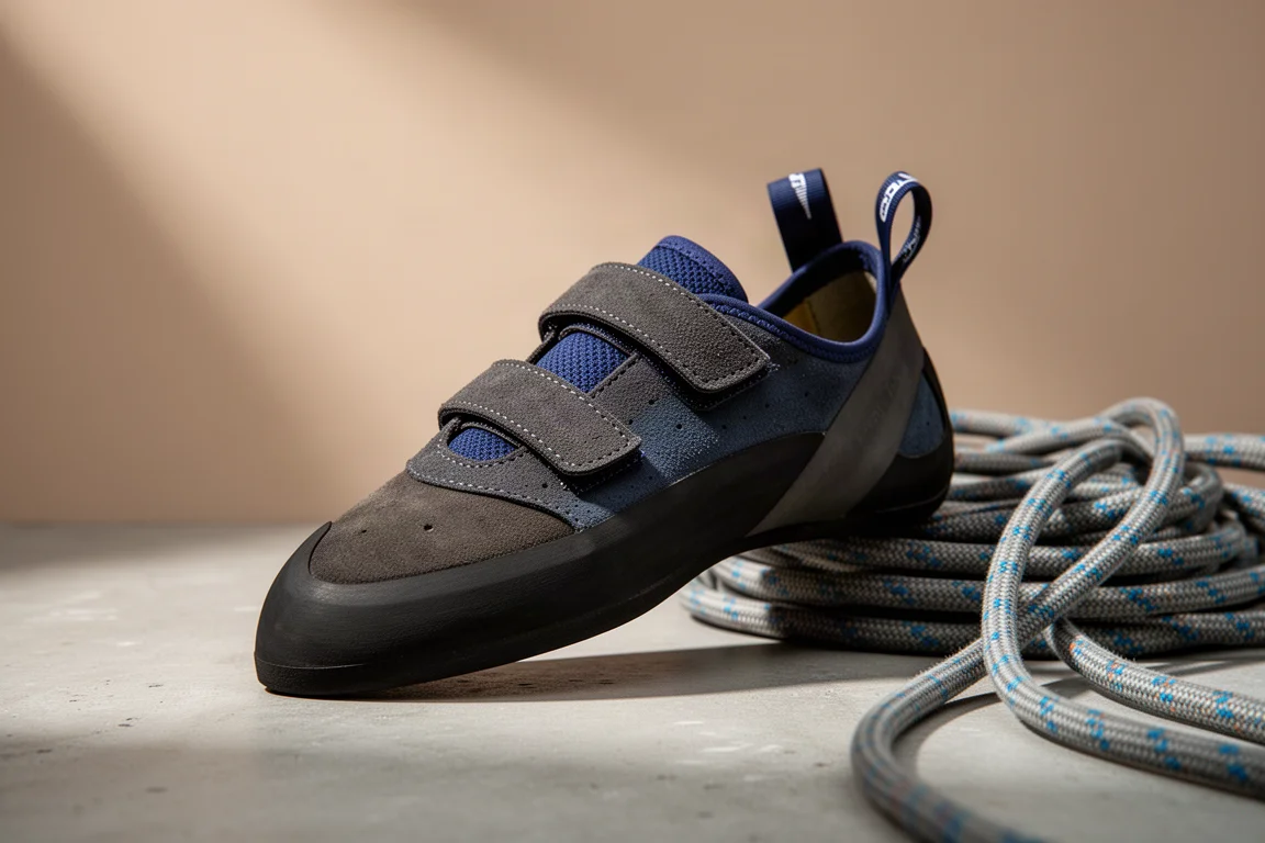 Low-cut climbing shoe with two hook-and-loop straps and rubber toe rand on concrete