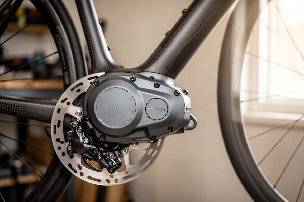 Unità di azionamento per ebike montata in basso su un telaio da strada, sopra il rotore a disco posteriore