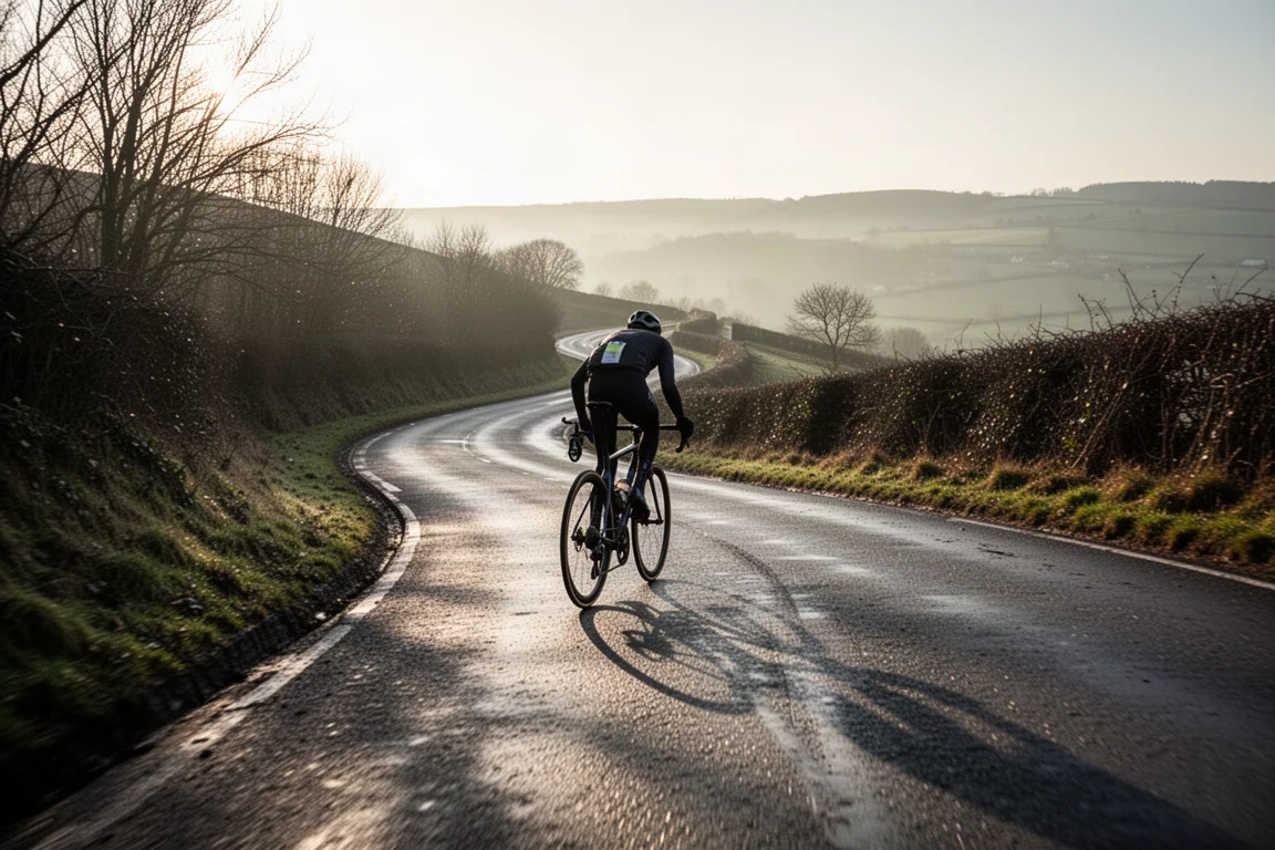 Ciclista che sale su una bici da strada lungo una ripida collina ventosa nella luce del primo mattino