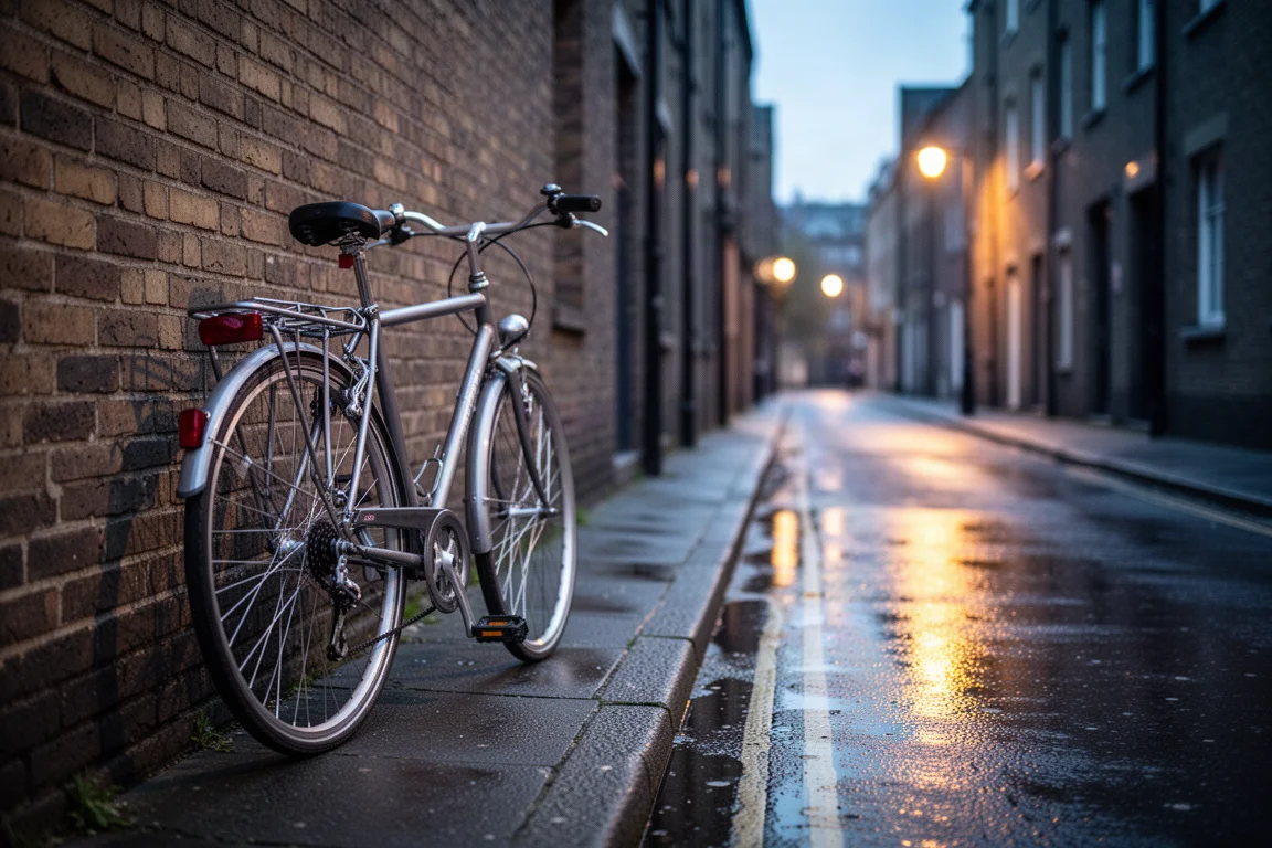 Bici da pendolare appoggiata a un muro su una tranquilla strada cittadina al crepuscolo