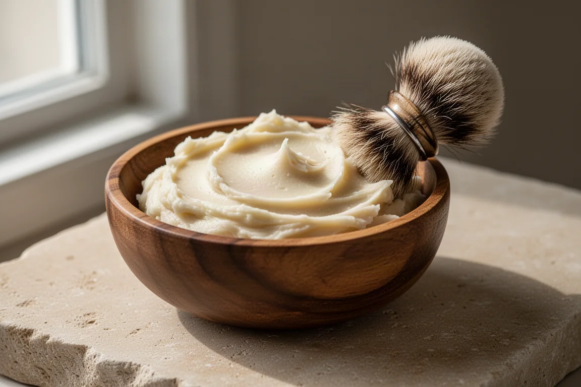 Wooden bowl of Westman Sintra shave soap with a badger brush resting on top