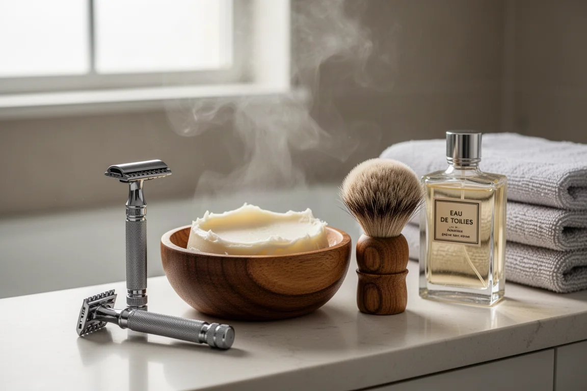 Shaving setup arranged on a bathroom counter with razor, soap, and brush