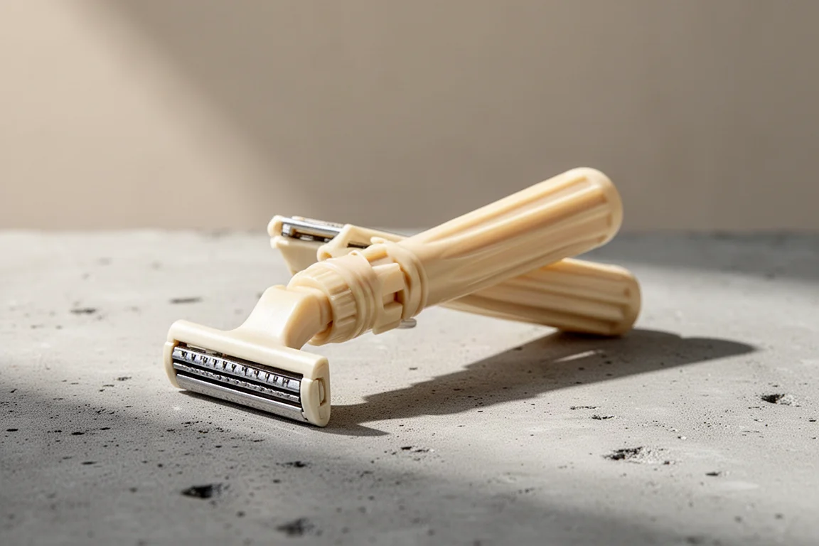 Schick Ultrex Plus razor, Westman Sintra shave soap, and aftershave arranged on a concrete surface