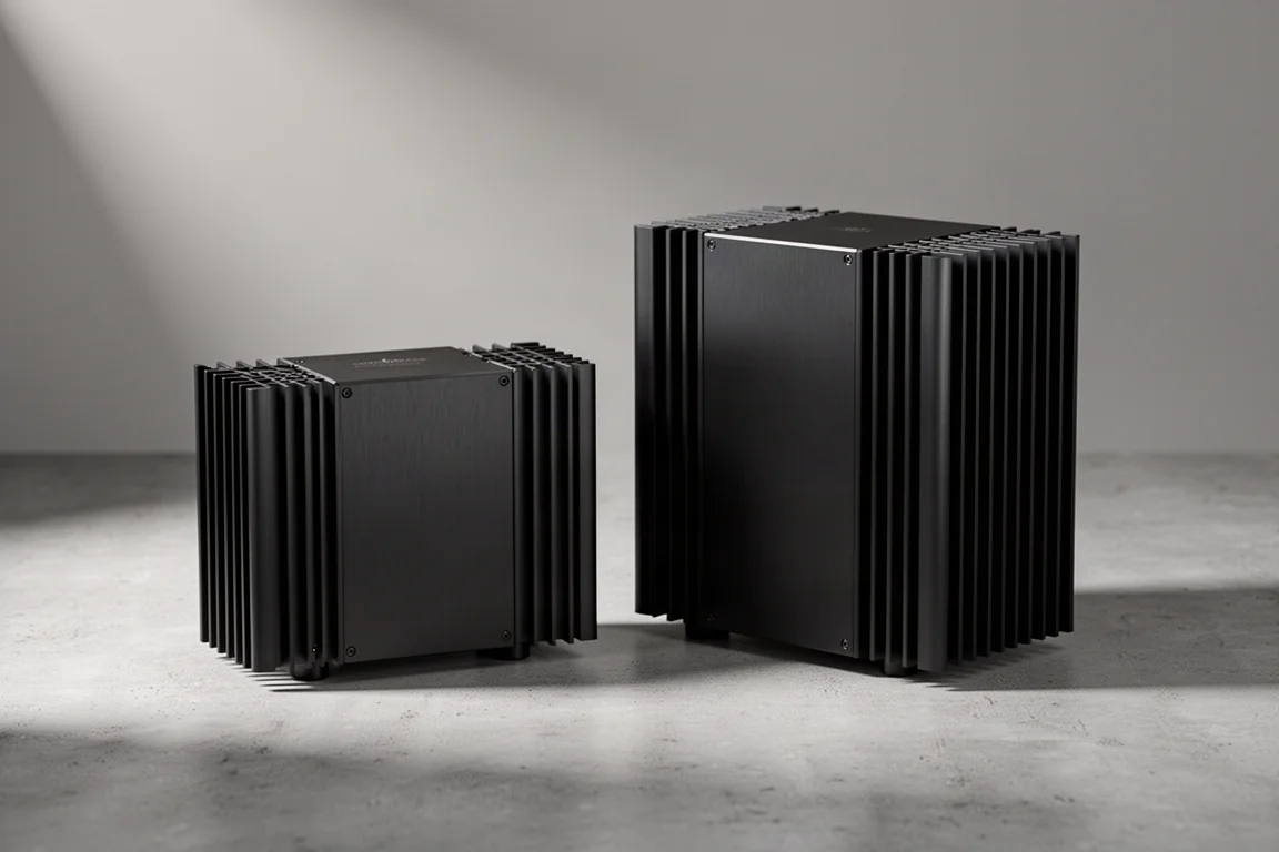 Two compact stereo power amplifiers with tall heat sink fins side by side on concrete