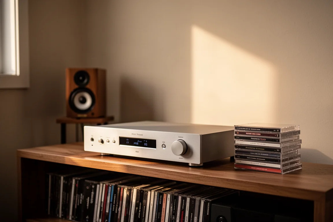 Preamplificador de alta fidelidad plateado y delgado sobre un estante bajo de madera con altavoces desenfocados detrás