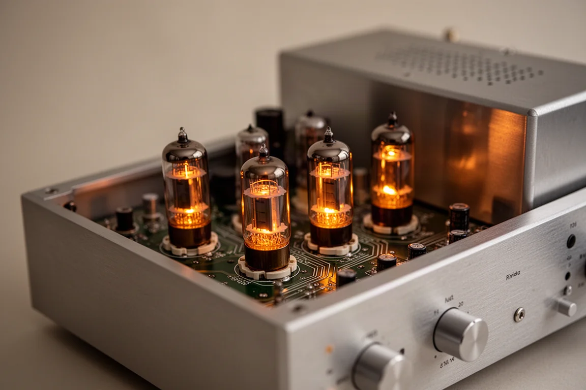 Cuatro válvulas de vacío brillando dentro de un chasis de preamplificador metálico abierto