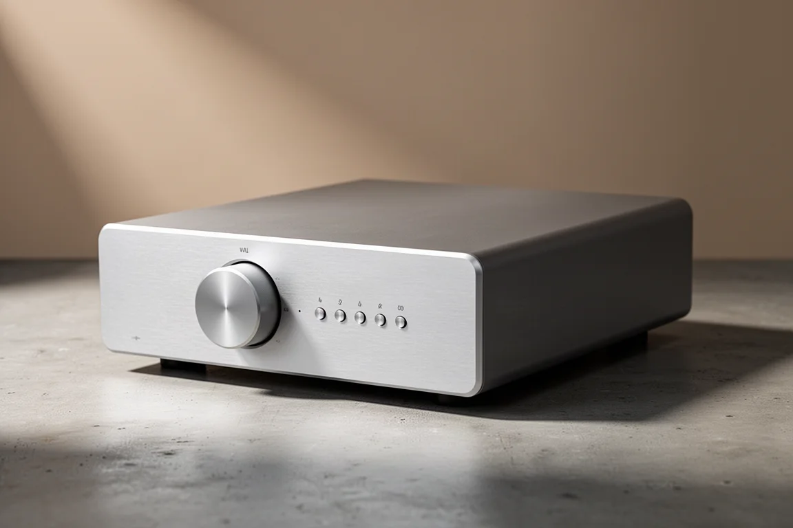Slim silver hi-fi preamplifier with a large volume knob on a matte concrete surface